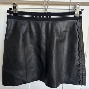 Marni Kid's Black Faux Leather Skirt with Logo and Scalloped Side, Size 12, EUC